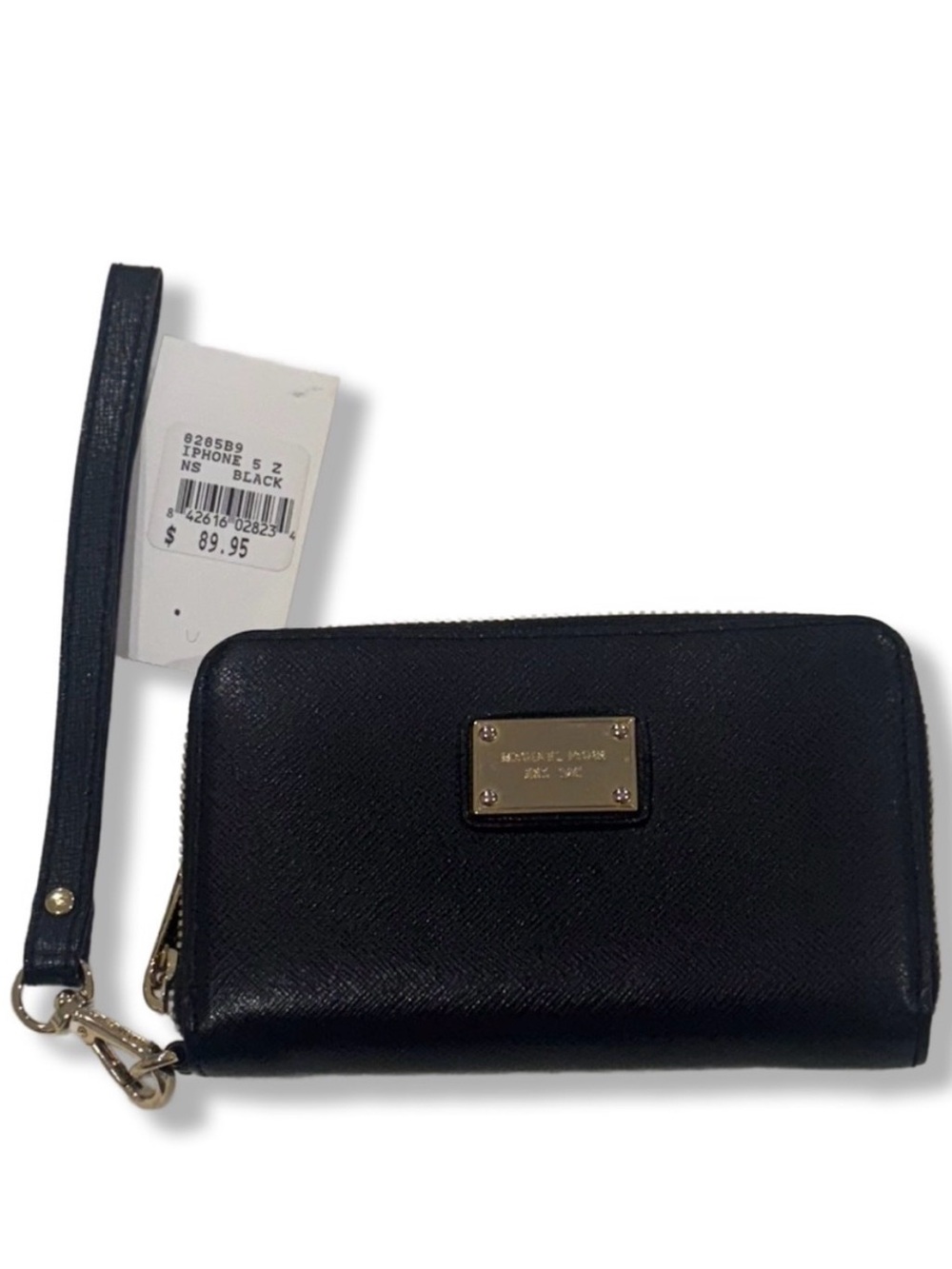 Michael Kors Black Saffiano Leather Zip Wristlet with Gold Plaque